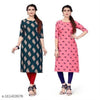 Crepe Printed Kurti for Women (Green & Pink, S) (Pack of 2)