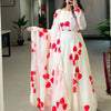 Georgette Printed Gown with Dupatta for Women (Red & White, S)